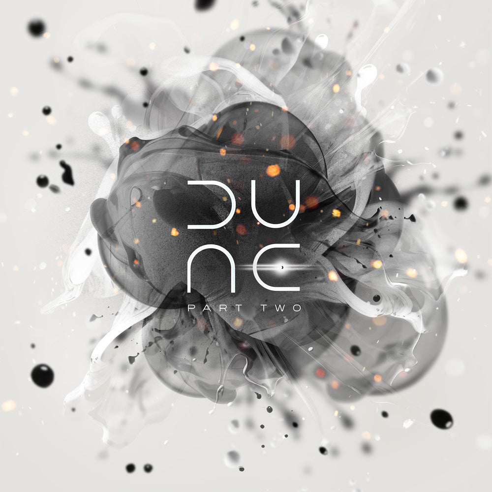 “Dune: Part Two” soundtrack CD cover with abstract, swirling black and white design.
