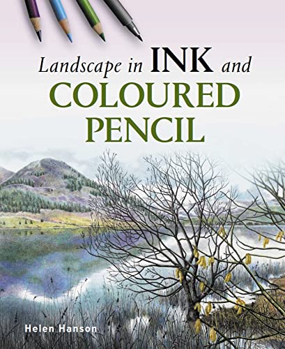 Book cover with landscape drawing, pencils, and the title "Landscape in Ink and Coloured Pencil".