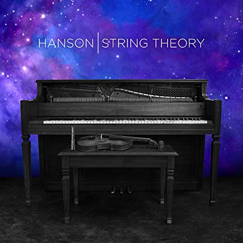 Black piano with bench and violin against a purple and blue starry background.