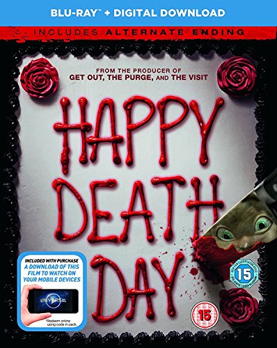 "Blu-ray case with 'Happy Death Day' written in blood, featuring a masked killer."