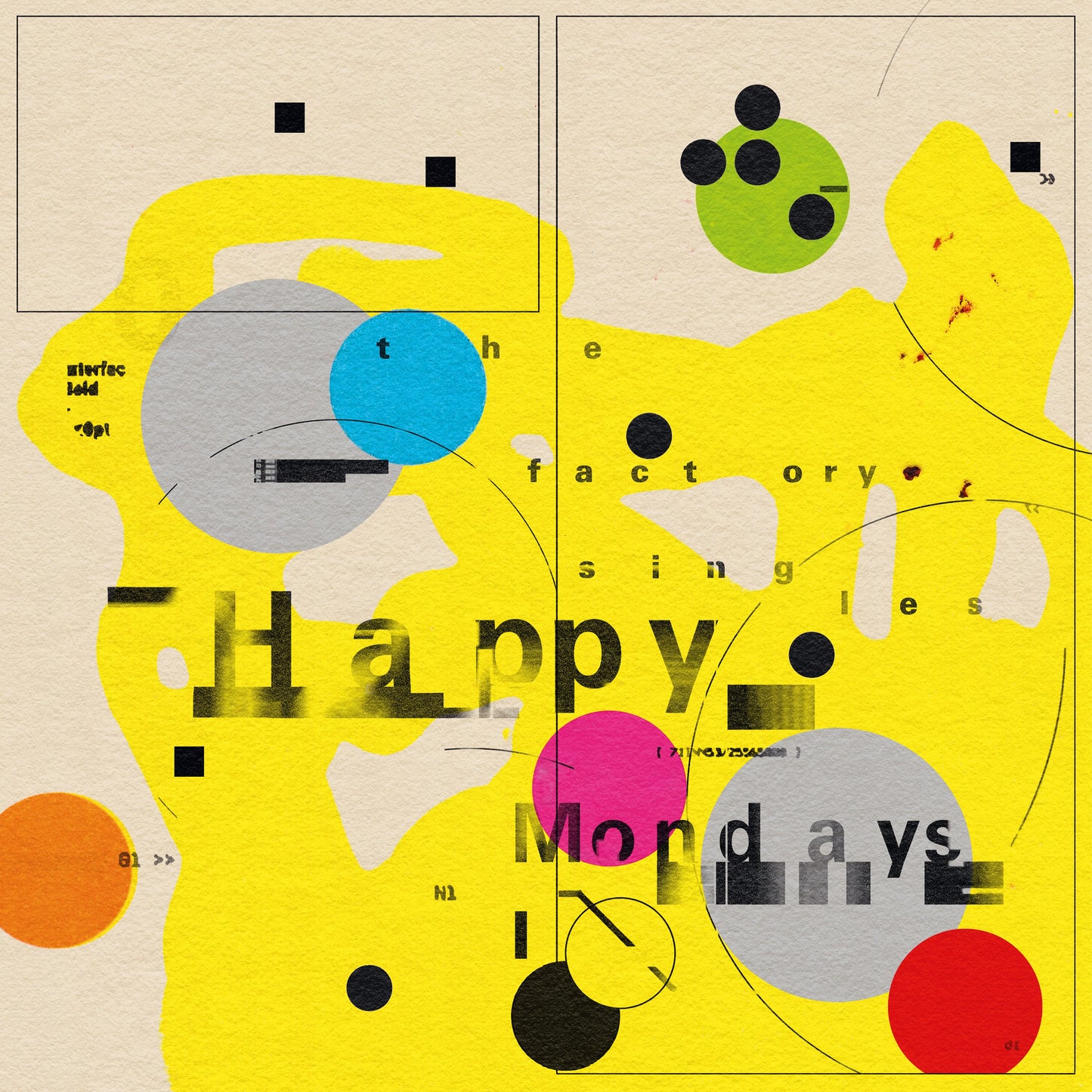 Album cover for Happy Mondays’ “The Factory Singles” with abstract shapes and text.