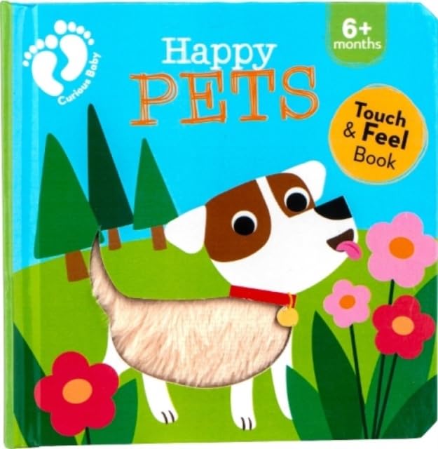 Book cover with a fluffy dog, trees, and pink flowers.