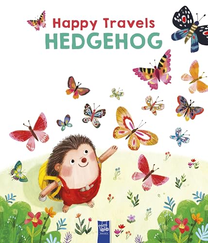 Hedgehog with a backpack surrounded by colorful butterflies and flowers.