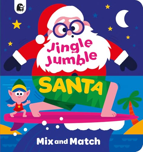 Mix and match book cover showing Santa with a beach-themed lower body surfing.
