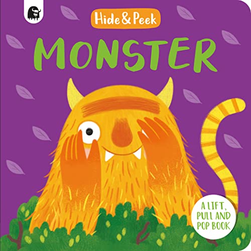 Orange monster with yellow horns on purple background, lift-and-pull book.