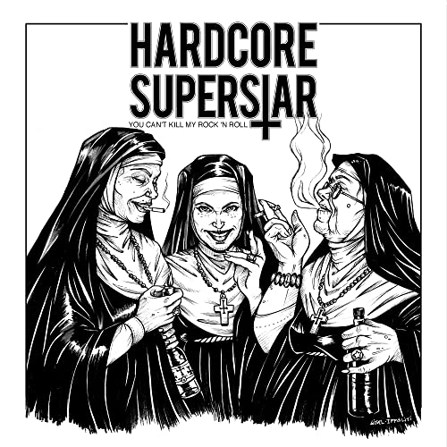 Black and white illustration of three nuns smoking and drinking.