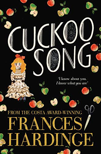 Book cover for Cuckoo Song featuring a doll and apples on a black background.