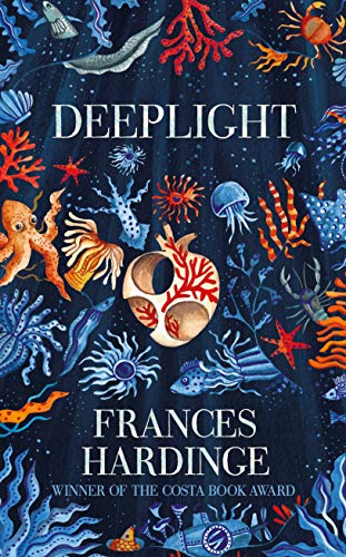 Book cover, “Deeplight”, with illustrated deep-sea creatures and coral.