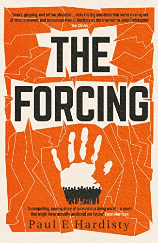 Book cover: orange and white design with a handprint and silhouetted figures.