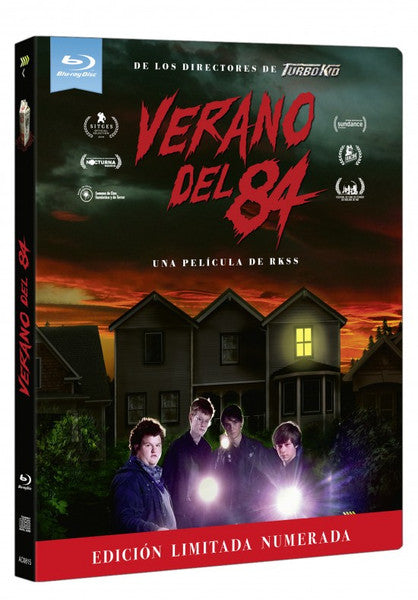 Blu-ray case for the film "Verano del 84" featuring a house and three boys.
