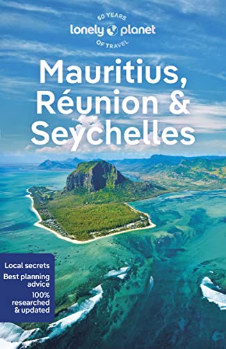 Lonely Planet travel guide cover featuring an aerial view of Le Morne Brabant, Mauritius.