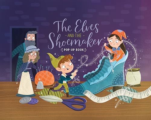 “The Elves and the Shoemaker” pop-up book cover with elves and people.