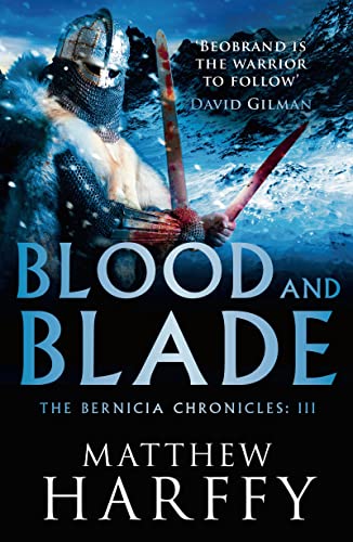 Book cover: armored warrior with sword, title “Blood and Blade” in red.