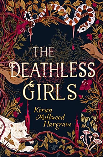 Book cover: dark floral design with snakes, a bear, and hands.