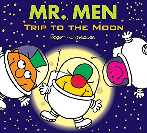 Mr. Men characters in spacesuits travel toward a yellow moon.