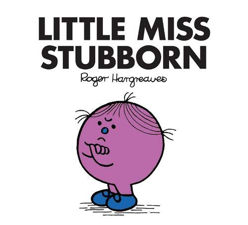Little Miss Stubborn" book cover with a pink character looking displeased.