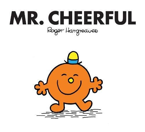 Orange Mr. Men character, Mr. Cheerful, with a yellow hat and smiling face.