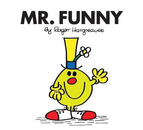 Yellow Mr. Funny character with a flower in his hat, waving.