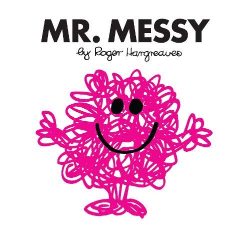 Pink, scribbled character "Mr. Messy" with a smiling face and outstretched arms.