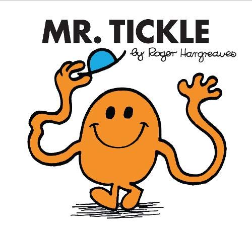 Orange Mr. Tickle character with extremely long arms, smiling cheerfully.