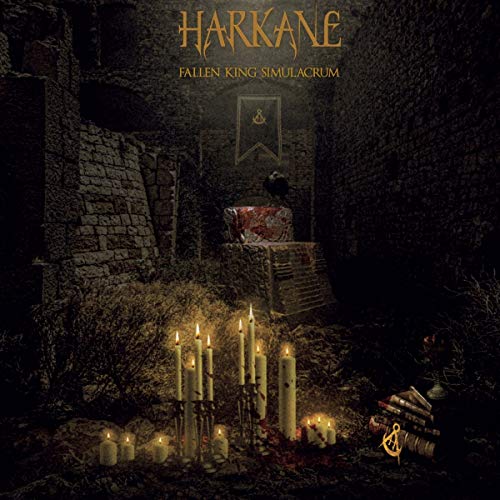 "Dark stone chamber with candles, coffin, and books, under 'Harkane' title."