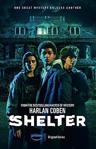 Book cover for "Shelter" featuring three young people and a large house.