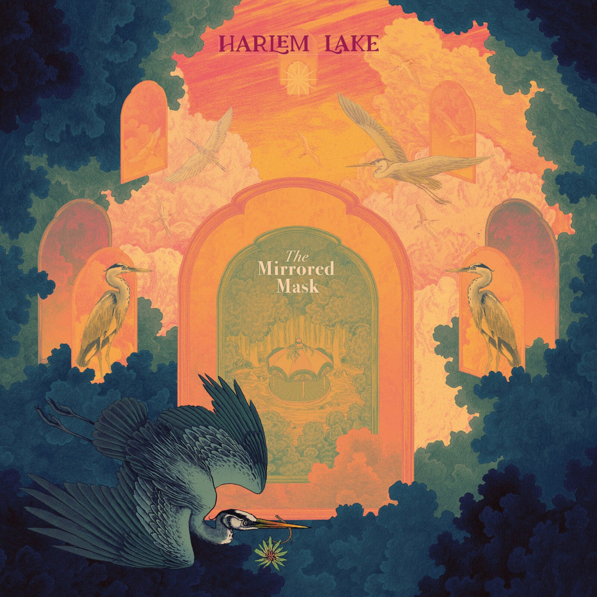 Album cover featuring herons, an archway, and stylized clouds in warm tones.
