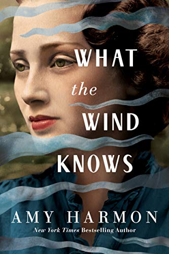 Book cover: woman’s face with blue wavy lines, title “What the Wind Knows”.
