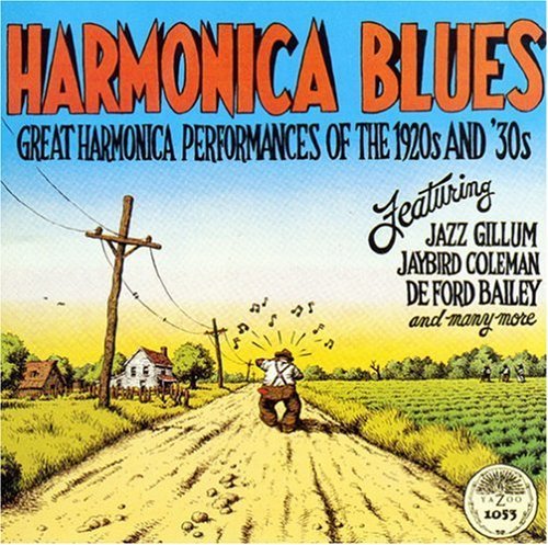 "Album cover with man playing harmonica on a rural road, houses in background."