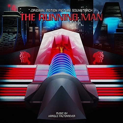 The Running Man" soundtrack vinyl cover: futuristic city and silhouetted figure.