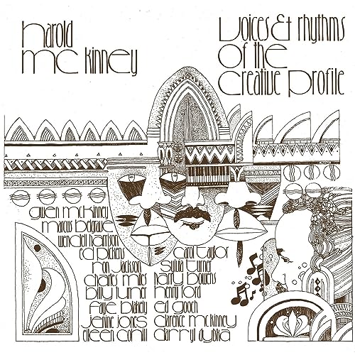 Vinyl record cover: intricate brown line art with faces and musical notes.