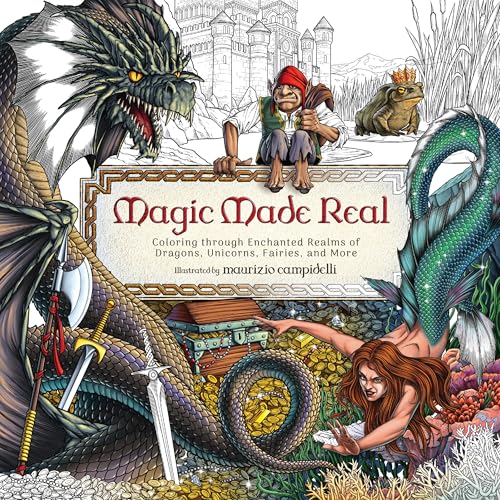 Fantasy coloring book cover featuring a dragon, mermaid, goblin, and treasure chest.