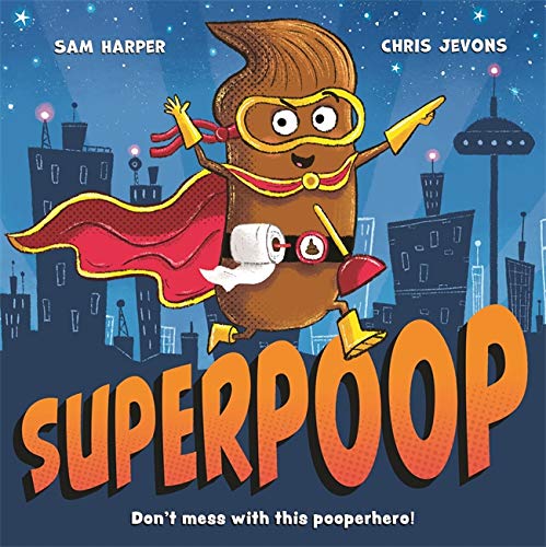 Cartoon poop superhero with cape flies over a nighttime city skyline.