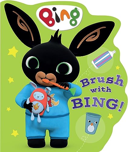 Bing bunny brushes teeth with a toothbrush, holding a red toy.