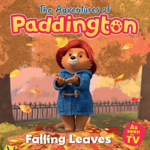 Paddington Bear with falling autumn leaves, book cover illustration.