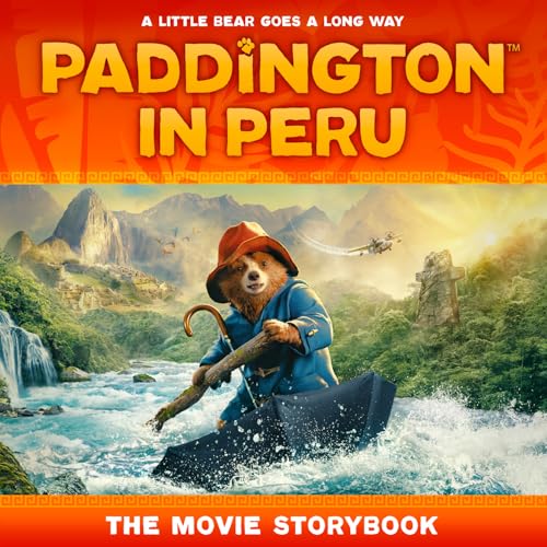 Paddington Bear travels by boat through a Peruvian landscape.