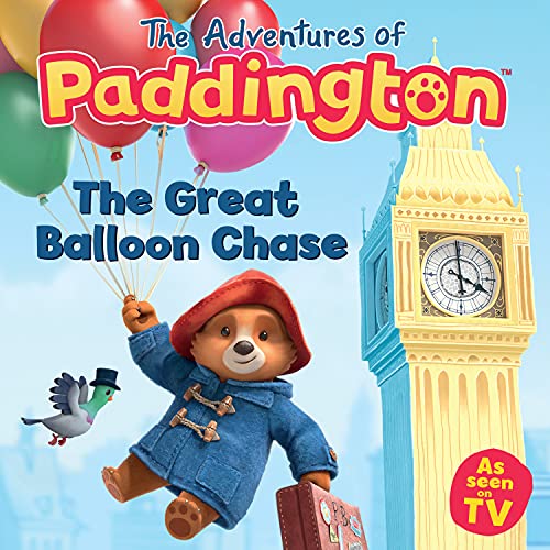 Paddington holding balloons, with Big Ben and a pigeon in view.