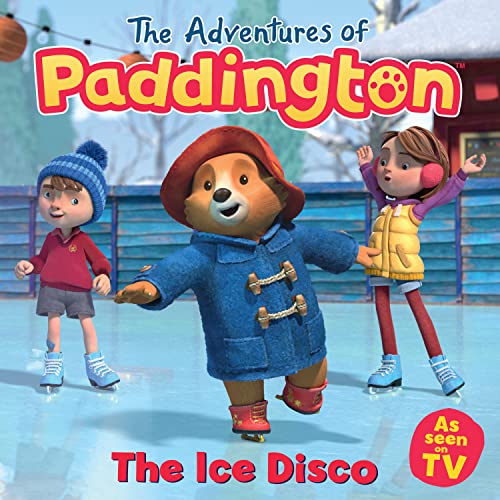 Paddington Bear and a girl ice skating on a snowy rink.