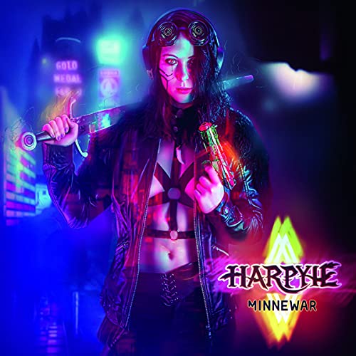 Woman with headphones and sword in a neon-lit cyberpunk scene.