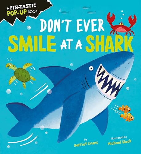 Book cover: shark with open mouth, crab, turtle, and clownfish.