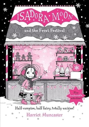 Illustration of a girl with dark hair at a decorated winter stall.