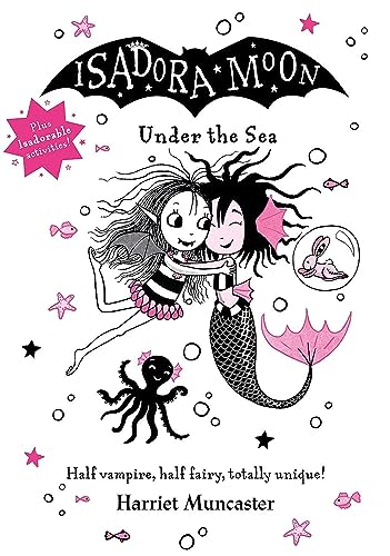 Isadora Moon and a mermaid friend swimming underwater with an octopus and toy rabbit.