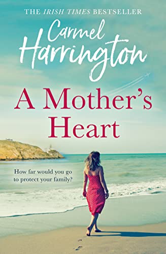 Book cover: woman walking on beach, title “A Mother’s Heart”.