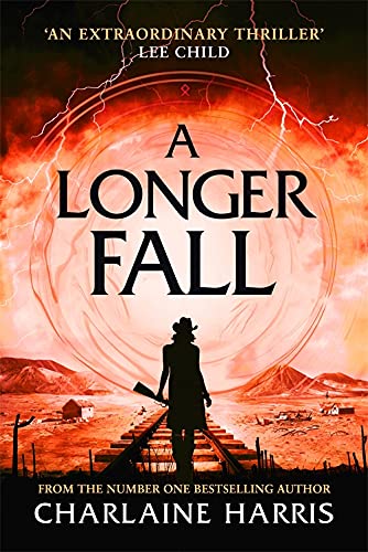 Book cover: woman with rifle stands on stairs in a desolate landscape.