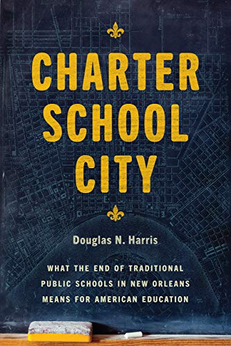 Book cover for "Charter School City" with map background and gold lettering.