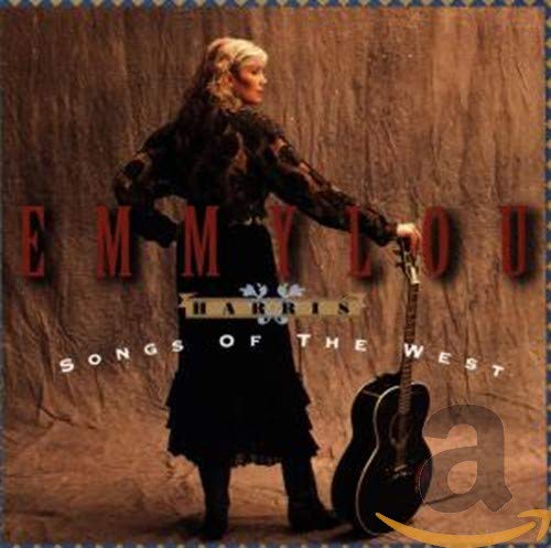 Emmylou Harris album cover, woman with guitar, rustic western aesthetic.