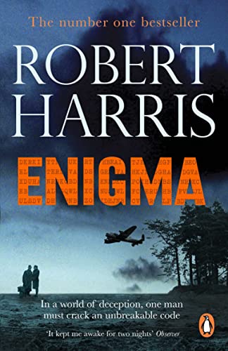 Book cover for Enigma by Robert Harris featuring a plane, two figures, and code.