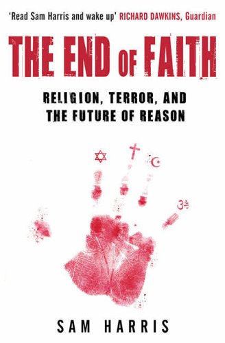 Book cover for The End of Faith featuring a red bloody handprint with religious symbols.