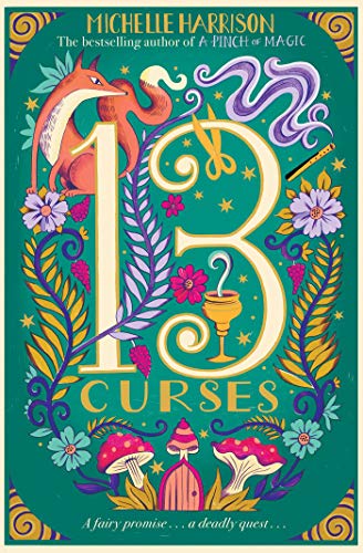 Book cover with a large number 13, a fox, flowers, mushrooms, and magical illustrations.