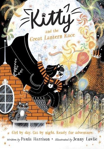 Book cover featuring a girl in a cat costume leaping over rooftops at night.